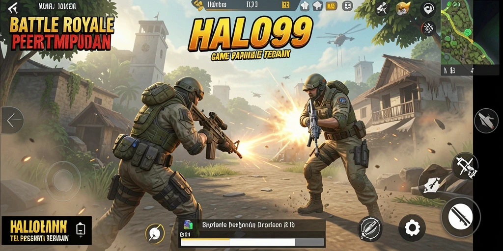 Screenshot gameplay HALO99 menampilkan pertempuran seru dalam Battle Royale.