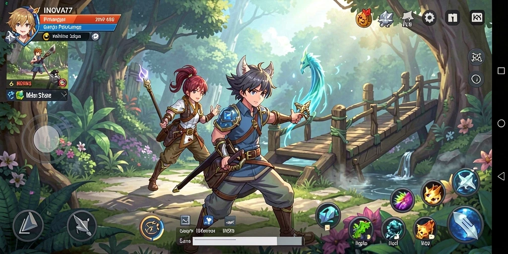 Screenshot gameplay INOVA77 menunjukkan pertarungan karakter Anime yang mendebarkan.
