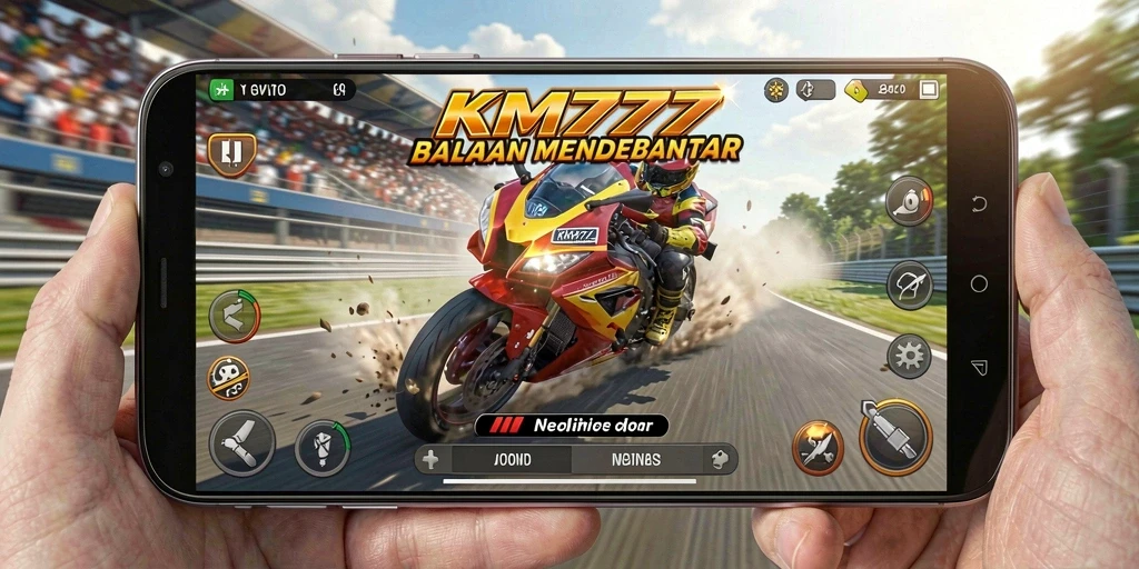 Screenshot gameplay KM777 menampilkan aksi balapan motor yang seru.