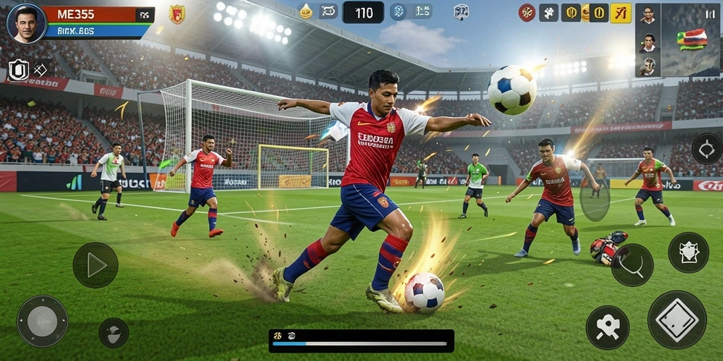 Gameplay seru ME355 menampilkan pertandingan sepak bola yang intens.