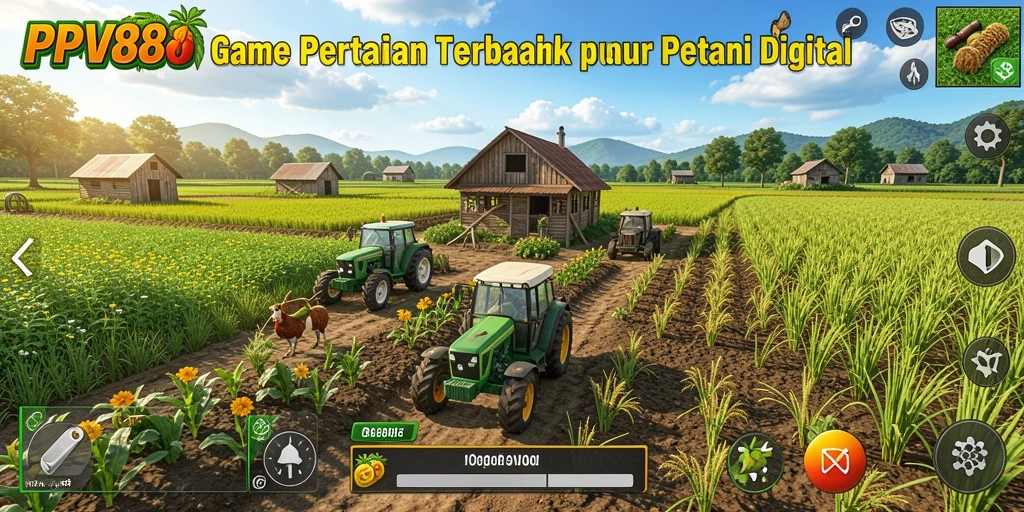 Tampilan gameplay PPV88 menampilkan ladang yang subur dan hewan peliharaan.
