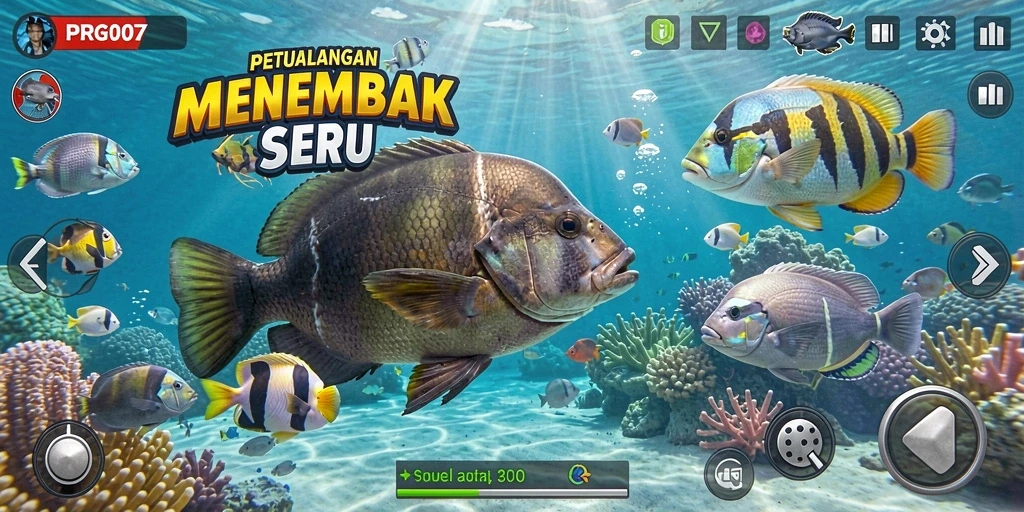 Tampilan gameplay seru menembak ikan di bawah laut.