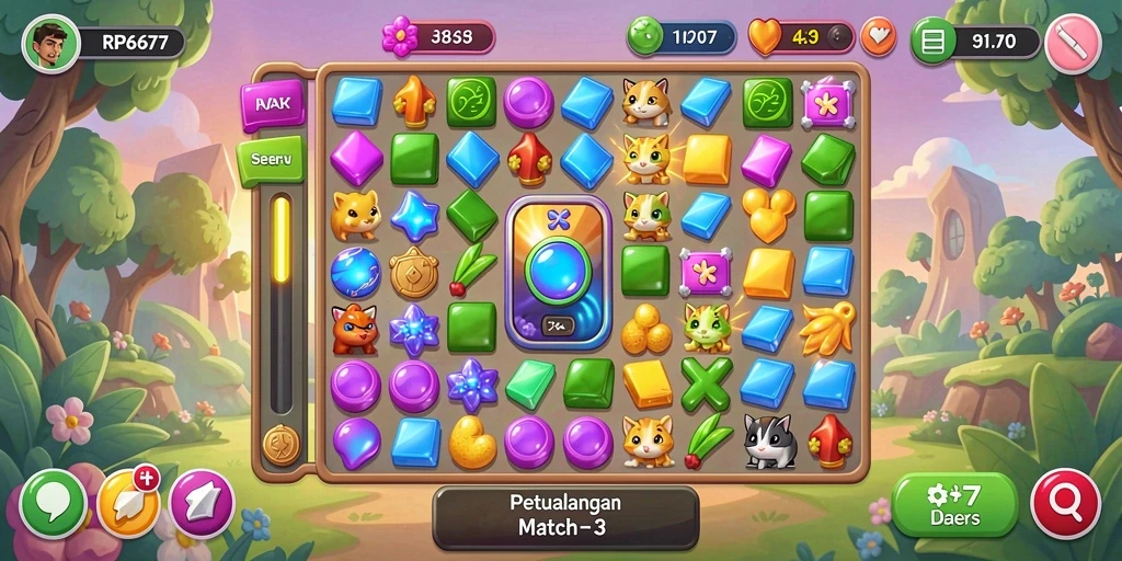 Screenshot dari gameplay seru di RP6677, menampilkan match-3 yang mengasyikkan.