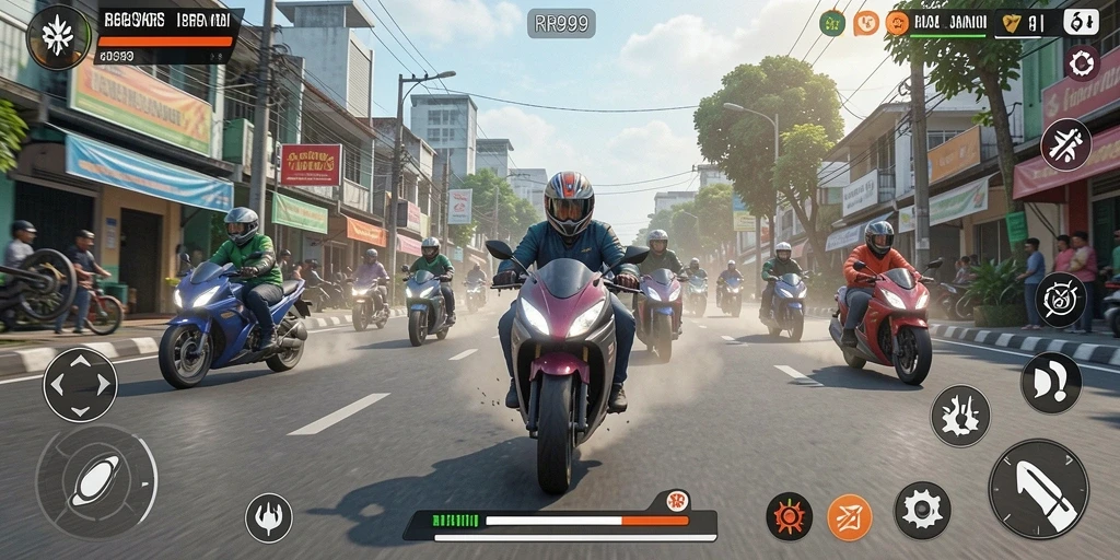 Tangkapan layar RR999 menunjukkan balapan motor yang mendebarkan di jalanan.
