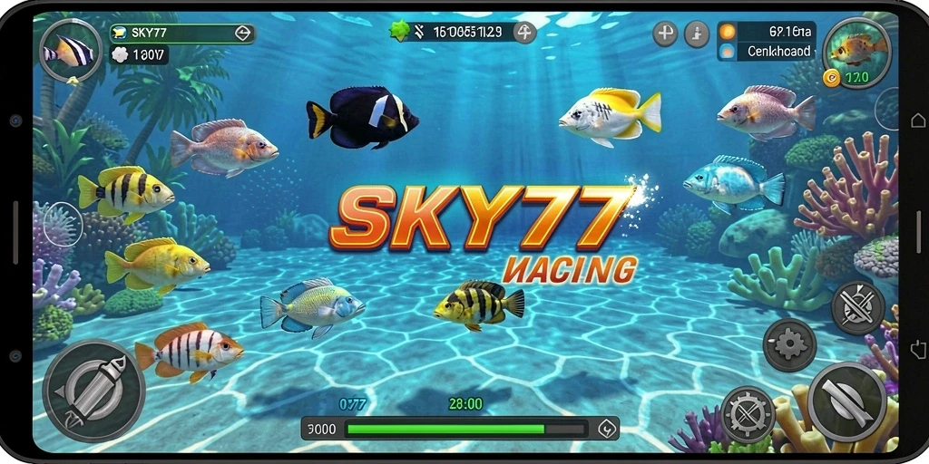 Screenshot utama SKY77 menampilkan aksi menembak ikan yang seru.