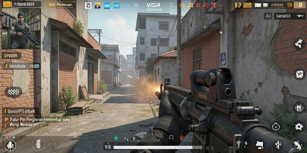Tampilan gameplay seru dalam game FPS VISA89 dengan aksi menembak mendebarkan.